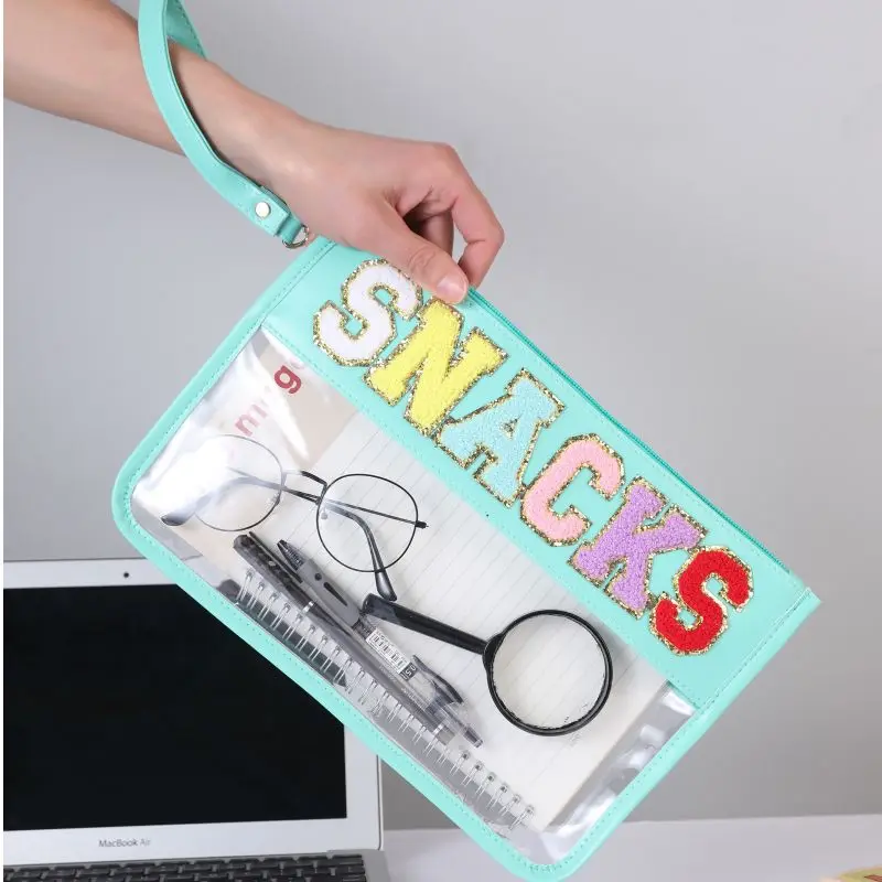 Bolsa de chenilla transparente con cremallera para mujer, organizador de viaje con letras, ideal para aperitivos, envío directo