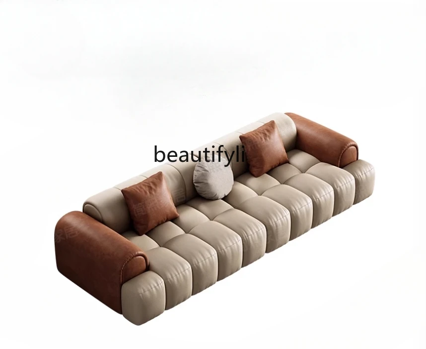 Retro sofa living room straight-breasted pull-button color matching piano keys Italian minimalist leather sofa