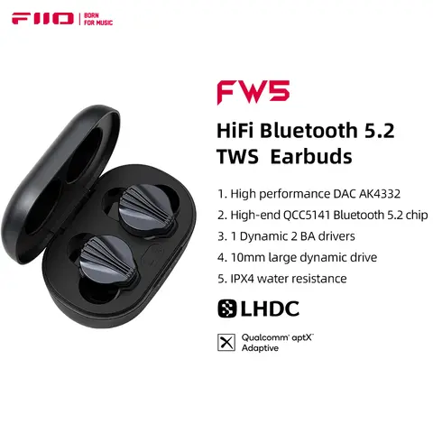 Fiio fw5 twswireless bluetooth lhdc/aptx adaptável fones de ouvido esporte estéreo alta fidelidade música 10mm driver dinâmico fone
