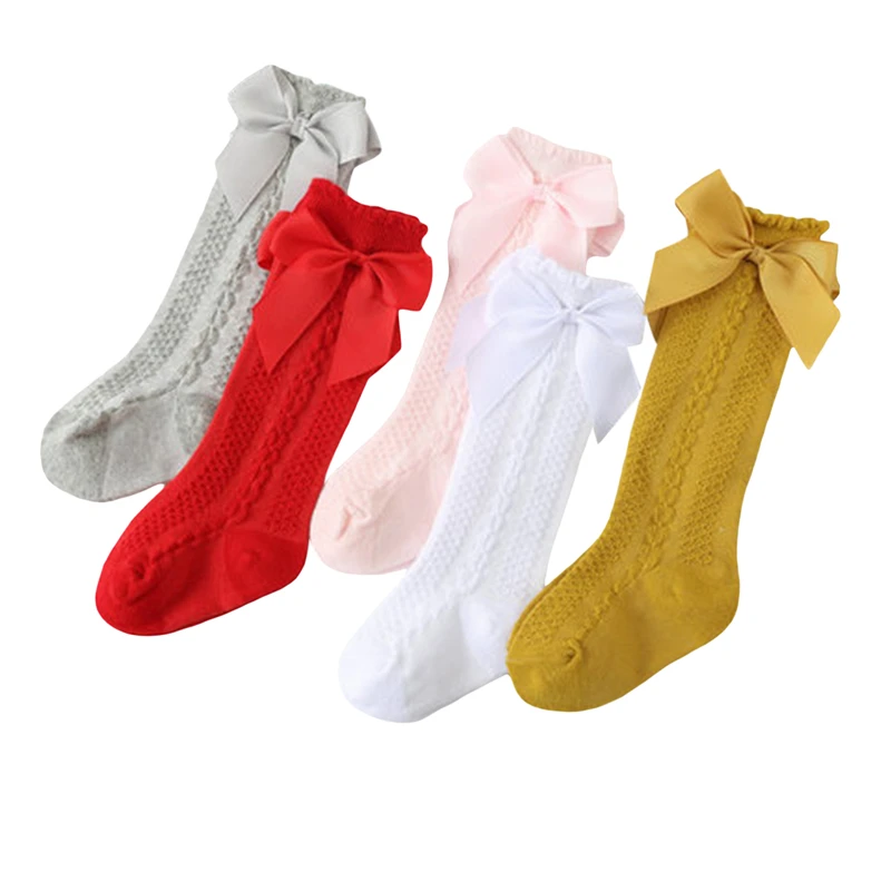 Chaussettes longues en maille pour bébés filles, bas décontractés pour nourrissons, nœud papillon mignon, document solide, princesse, printemps, été