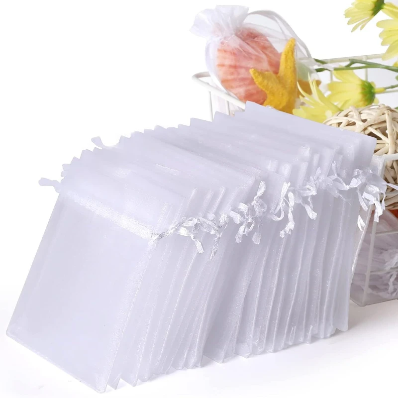 

50pcs White Sheer Organza Bag Jewelry Gift Party Favor Bags with Drawstring for Wedding Christmas Small Jewelry Storage Bags