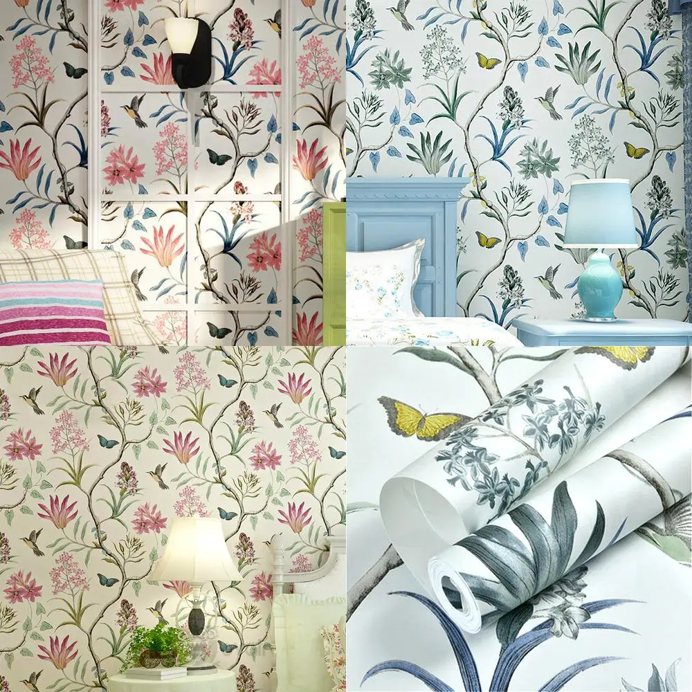 Wallpaper pastoral style fresh floral bird small pattern American country large flower living room bedroom TV background wall wa