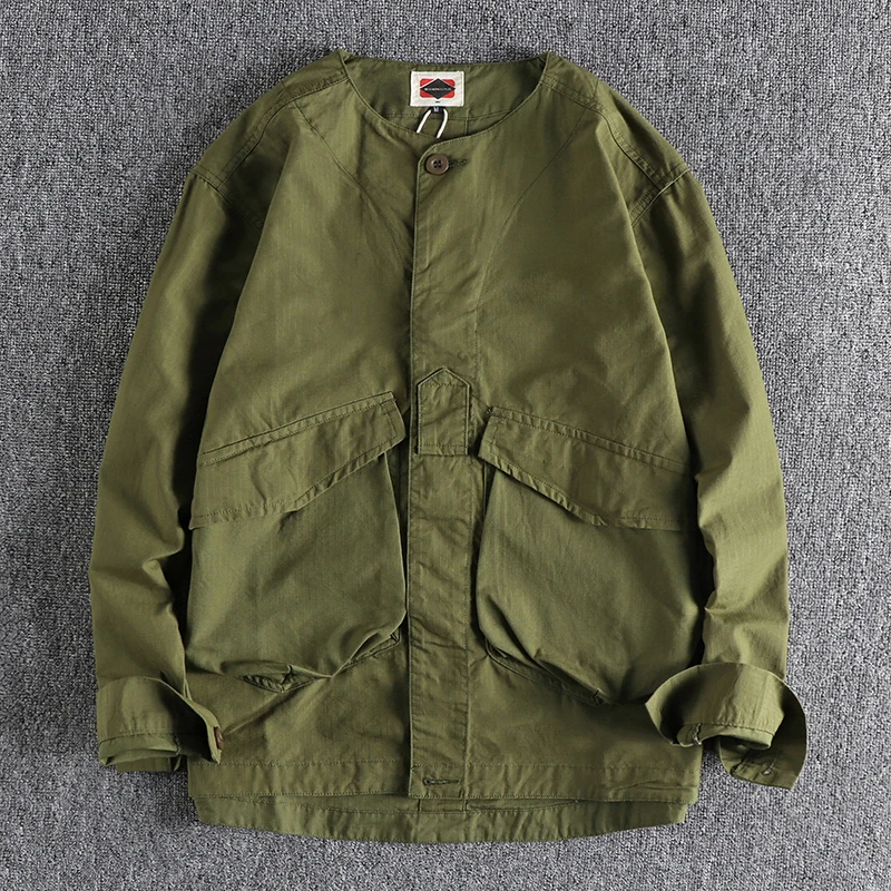 Spring New Japanese Retro Woven Cargo Shirt Men's Fashion Military Style Washed Double Pocket Collarless Thin Youth Jacket