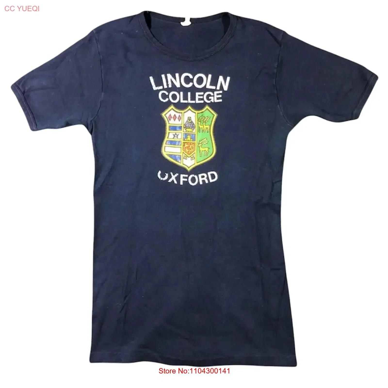 Camiseta Vintage de los años 70 y 80 de Lincoln College Oxford, Azul, Talla XXS, Lavada, Elástica, con Gráfico Elegante, Informal, Transpirable, Unisex