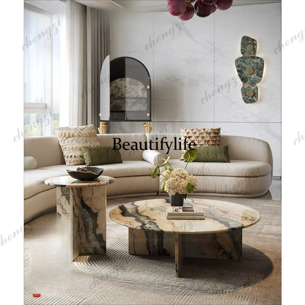 

Smoke powder marble coffee table size round combination French small apartment natural luxury stone coffee table
