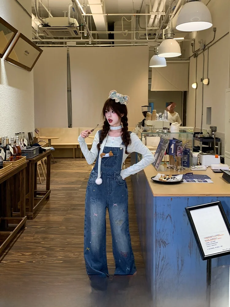 Blue Denim Overalls Set Cute Sweet Sister High Waist Straight Leg Jeans Women's Fashion Cotton Blend Animal Print Casual Wear