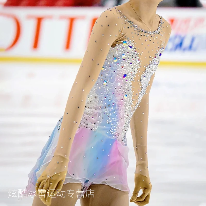 Disfraz de patinaje artístico para mujer, traje de actuación, personalizado, azul, nuevo