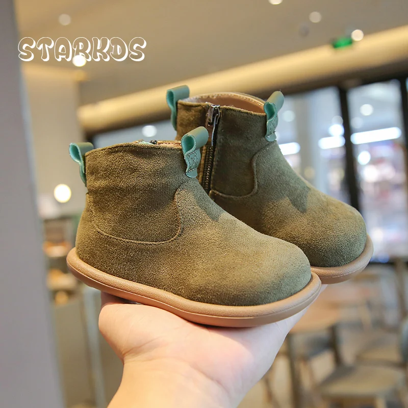 Botas cortas cálidas de felpa para bebés y niños pequeños, botines planos con cremallera lateral, zapatos informales de invierno