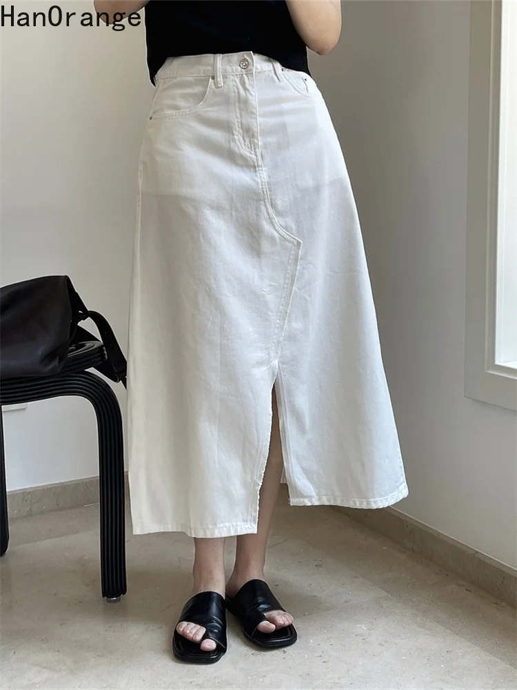 

HanOrange 2024 Summer Ins Casual High Waist Denim Skirt Slits Loose Thin Soft A-line Midi Skirt white