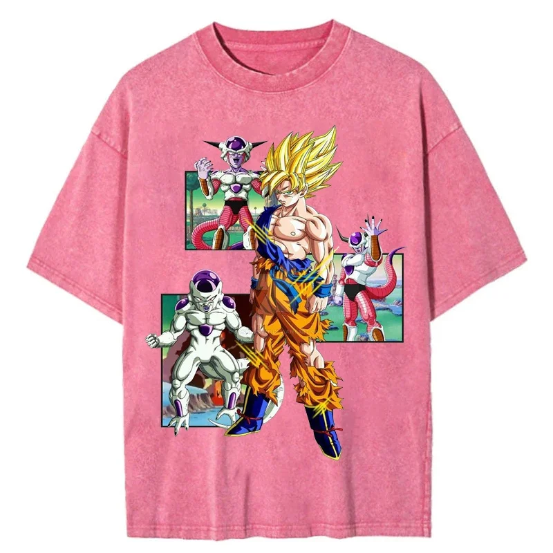 

Men Japanese Anime Dragon Ball Print T-shirt Man T Shirt Washed Hip Hop Oversize Tshirt Summer Cotton Harajuku Tops Tees Pink