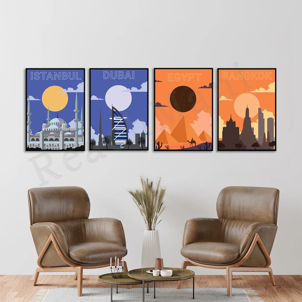 Istanbul Turkey Blue Mosque, Egypt Cairo Pyramid Arabia, Bangkok city sunset, Dubai UAS Burj ul Arab poster, travel city poster