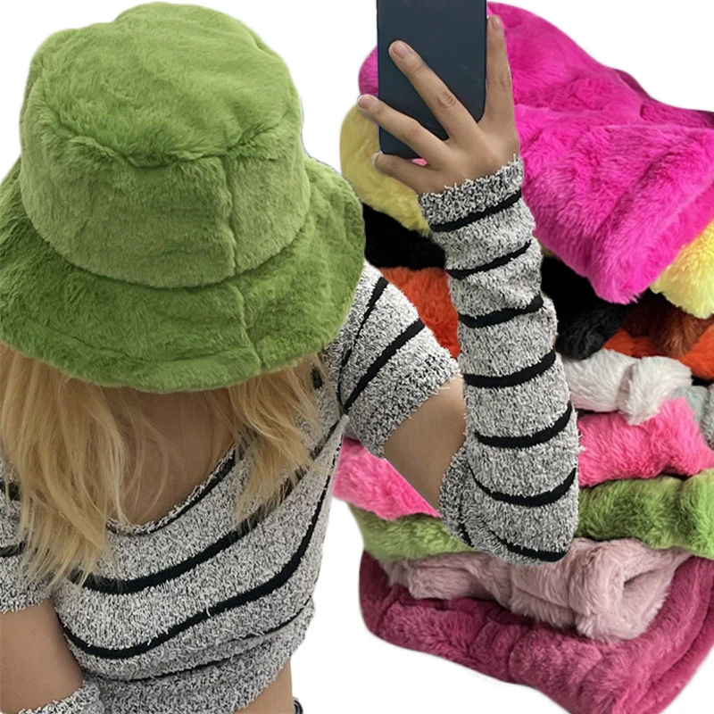 Solid Color Plush Cute Bucket Hat for Women Girls Faux Fur Fisherman\'s Hat Warm Autumn Winter Outdoor Panama Casual Caps Hats