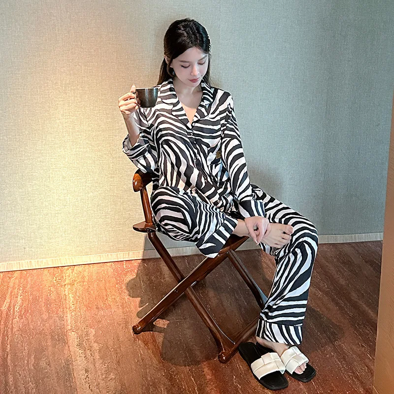 2025 Spring Summer Zebra Pattern Pajamas Women Ice Silk High-end Long Sleeve Pants Black White Causal Nightwear Homewear
