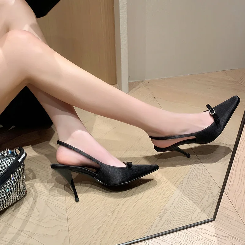 

Arden Furtado Summer Black silk Closed toe Sandals Pointed toe bowknot Rear trip belt Super high heel Dinner Modern Sandals