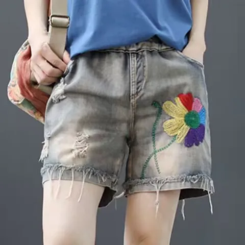 New National Embroidery Knee-length Denim Shorts 2024 Women Boyfriend Casual High Waist Shorts Jeans Summer Ripped Denim Shorts