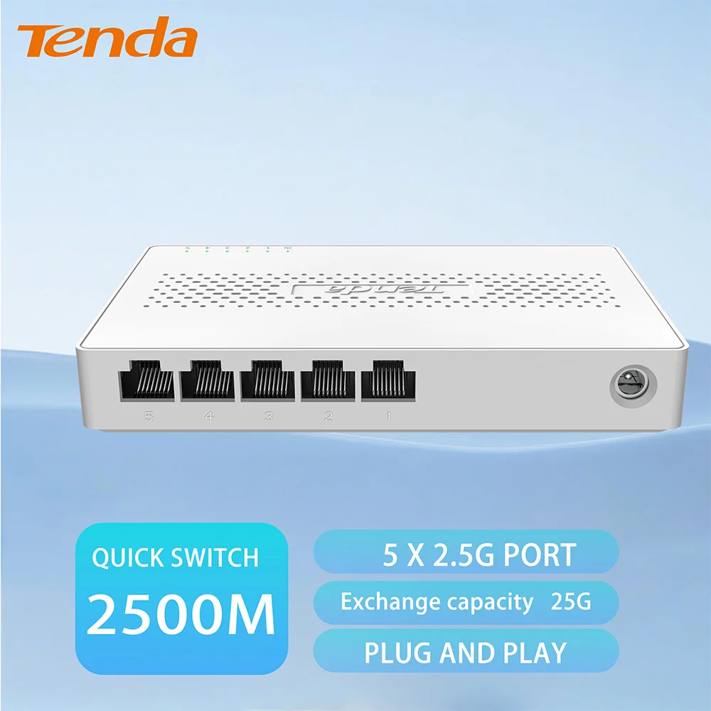 Tenda 2.5GbE Ethernet Switch 2.5GBASE-T 5 Port 2.5G RJ45 Fanless Plug and Play Network Switch Desktop Hub Internet Splitter