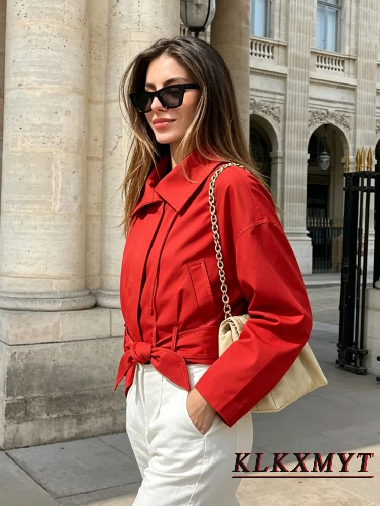 

Women Fashion Elegant Solid Color Single-Breasted With Belt Full Sleeve Laple Jacket Spring Autumn New