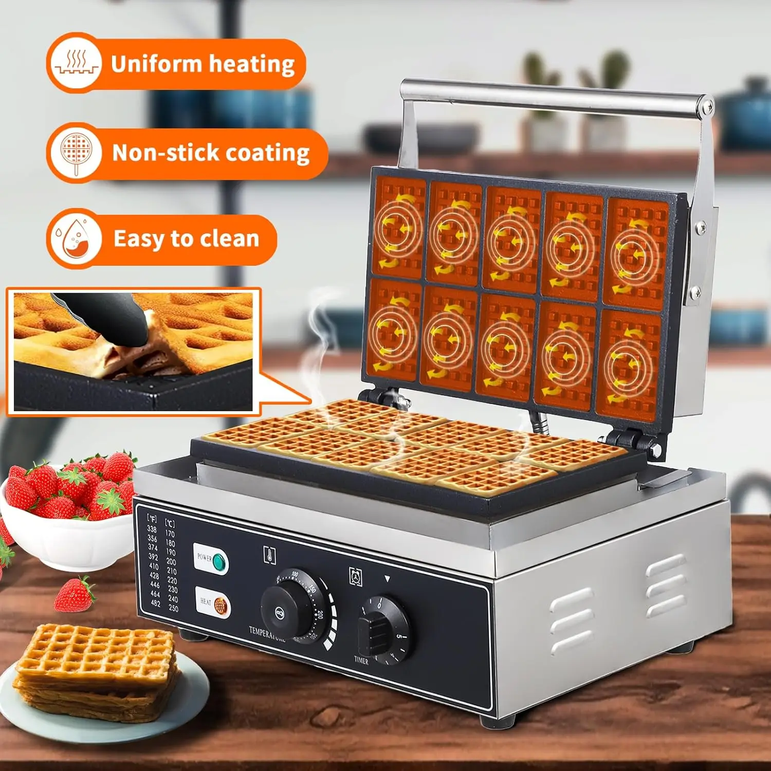 Commercial Rectangle Waffle Maker -10pcs Nonstick Electric Waffle Maker Machine Stainless Steel 110V Temperature and Time