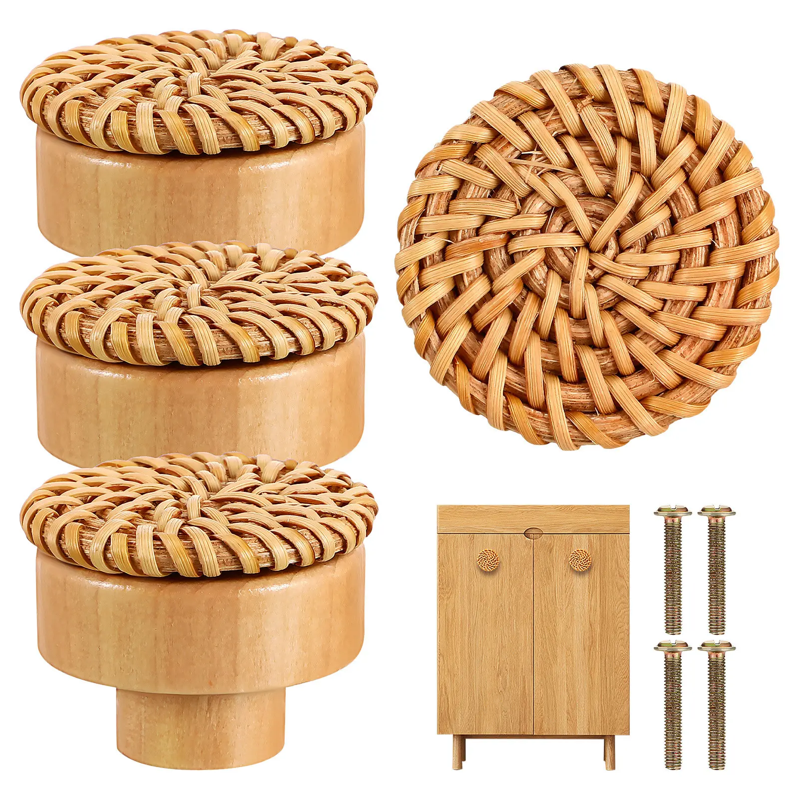 

Набор из 4 богемных ручек для ящиков из ротанга, плетеные деревянные ручки для комодов, натуральный элегантный дизайн для шкафов, тумб и мебельной фурнитуры