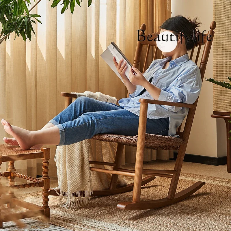 I Solid Wood Rocking Chair Rope Retro With Armrests High Backrest Designer High-end Homestay Living Room Furniture