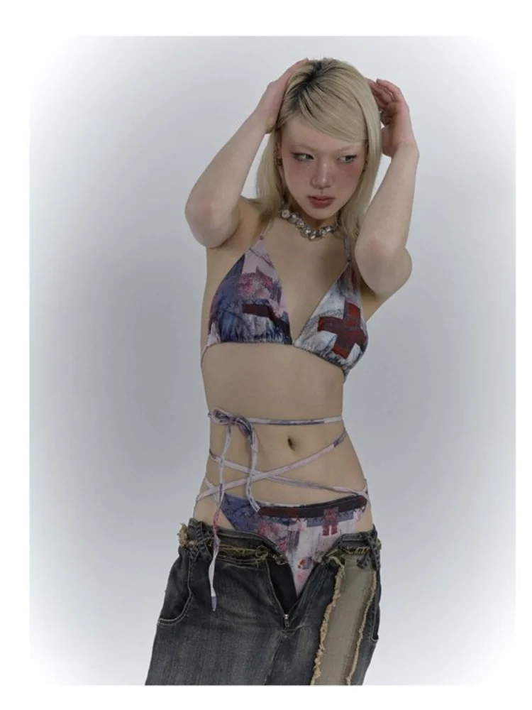 Japanese Subculture Y2K Harajuku Pattern Printed Women's Bikini Set Summer American Retro Sexy Strap Millennium Style Bikini emo