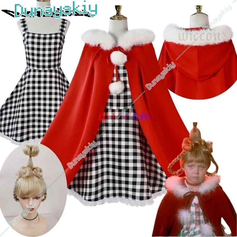 Anime Cindy Lou Cosplay Costume Cindy Plaid Dress Red Cloak Outfit Blond Wig Women Kids Halloween Party Suit Christmas Gift