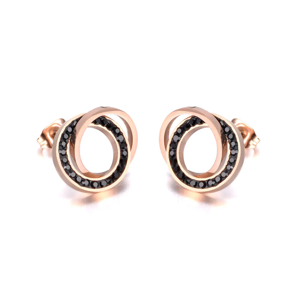 Lokaer Trendy Stainless Steel Clay Crystal Double Circles Stud Earrings Jewelry Vintage Earrings For Women Girls E19091