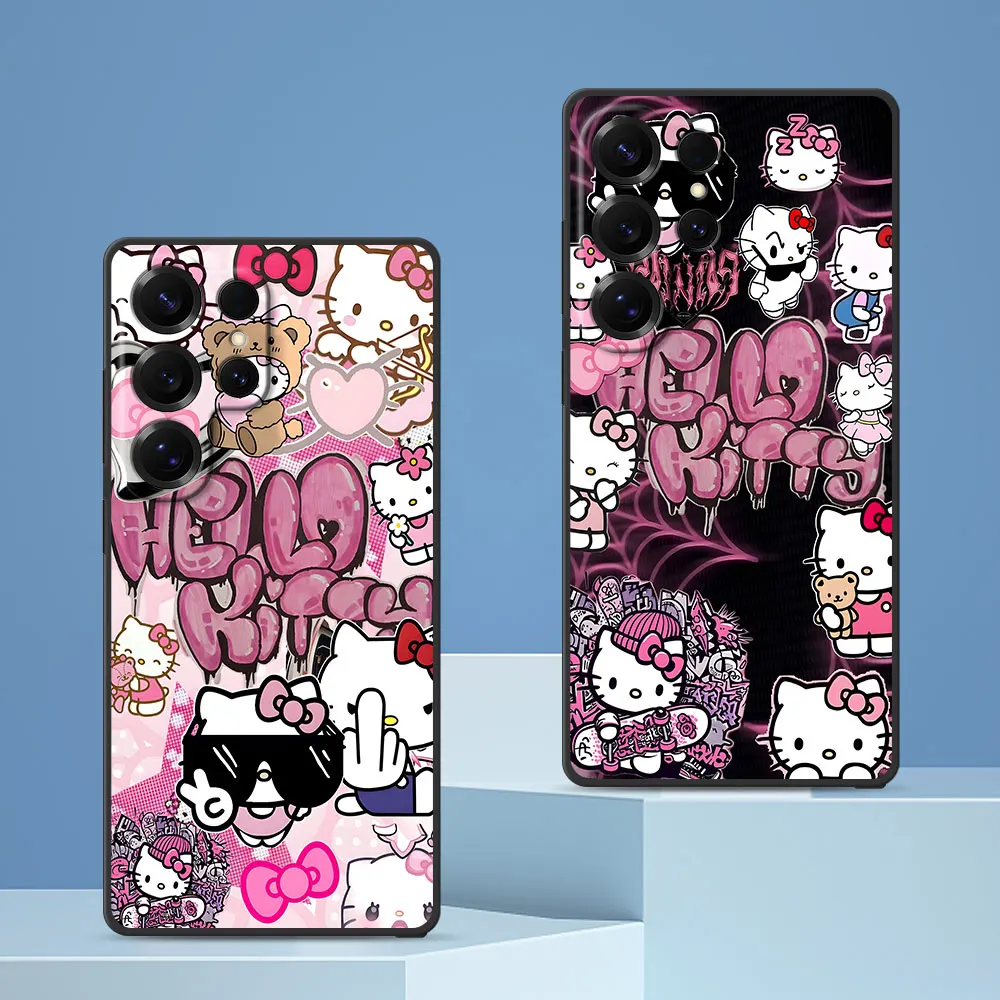 Case for Samsung Galaxy S22 S24 S25 S10 S23 S20 FE S21 Ultra S8 S9 Plus S7 Edge TPU Black Phone Cover Cartoon Cool Hello Kitty