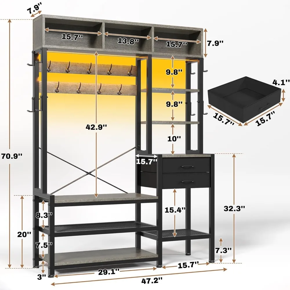 مقعد مدخل متعدد الوظائف 7 في 1 مع مساحة تخزين الأحذية ورف المعاطف وأرفف المكعبات و17 خطافًا للتنظيم