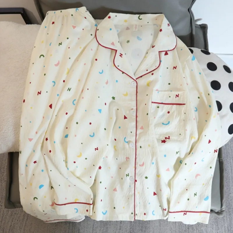 Autumn and Winter Pajamas Women Long Sleeve Pants Cardigan Sweet Print Cartoon Student Plus Size Loungewear Two-Piece Set