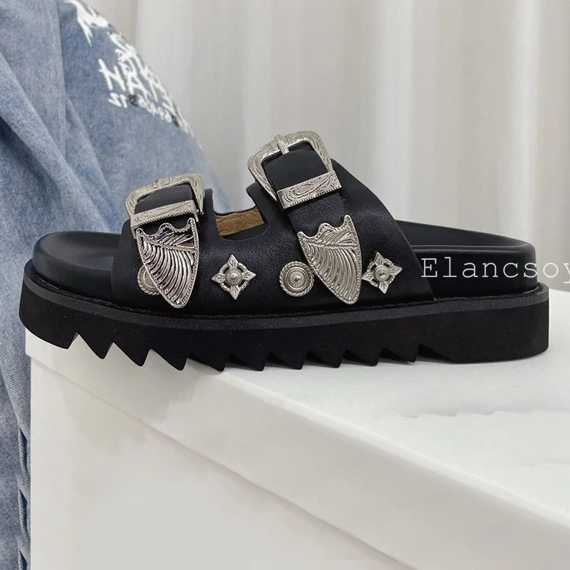 Summer Women's Genuine Leather Open Toed Slippers Flat Heel Thick Sole Metal Decoration Sandals Casual Vacation Beach Shoes