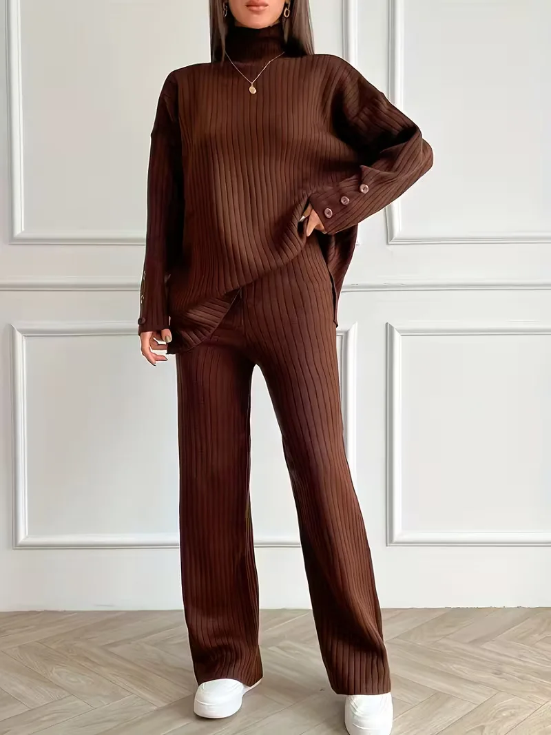 الخريف الشتاء 2 قطع النساء مجموعات محبوك رياضية 2025 جديد الياقة المدورة البلوز القمم واسعة الساق الركض بانت الدعاوى ملابس غير رسمية