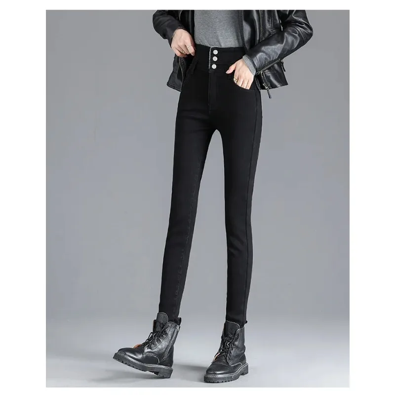Women Winter Korean Style High Waist Thick Fleece Warm Skinny Jeans Stretch Harajuku Pencil Pants M175