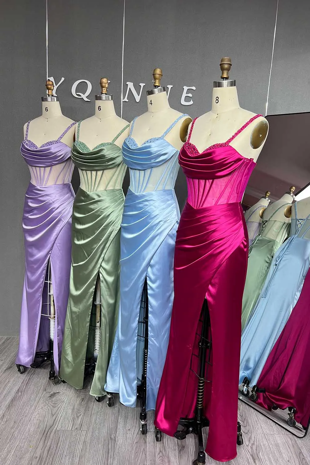 YQLNNE 2023 Lilac Crystals Beaded Long Prom Dresses Straps Silk Satin Lace-up Formal Women Party Gown Vestidos In Stock