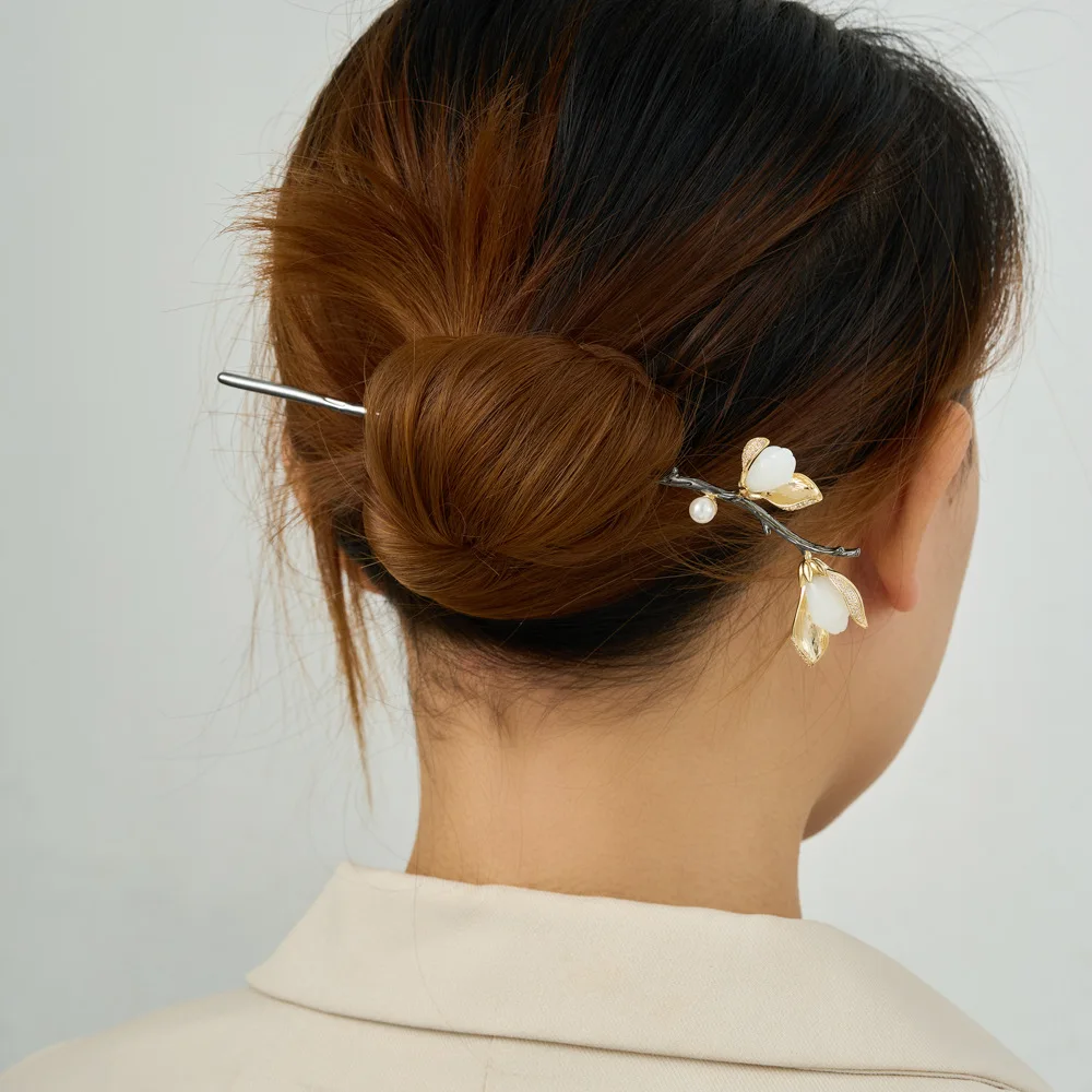 Horquilla de Pelo Estilo Magnolia Chino Retro, Imitación de Jade Blanco, Elegante Accesorio para el Cabello Hanfu, Nuevo Adorno Oriental para la Cabeza