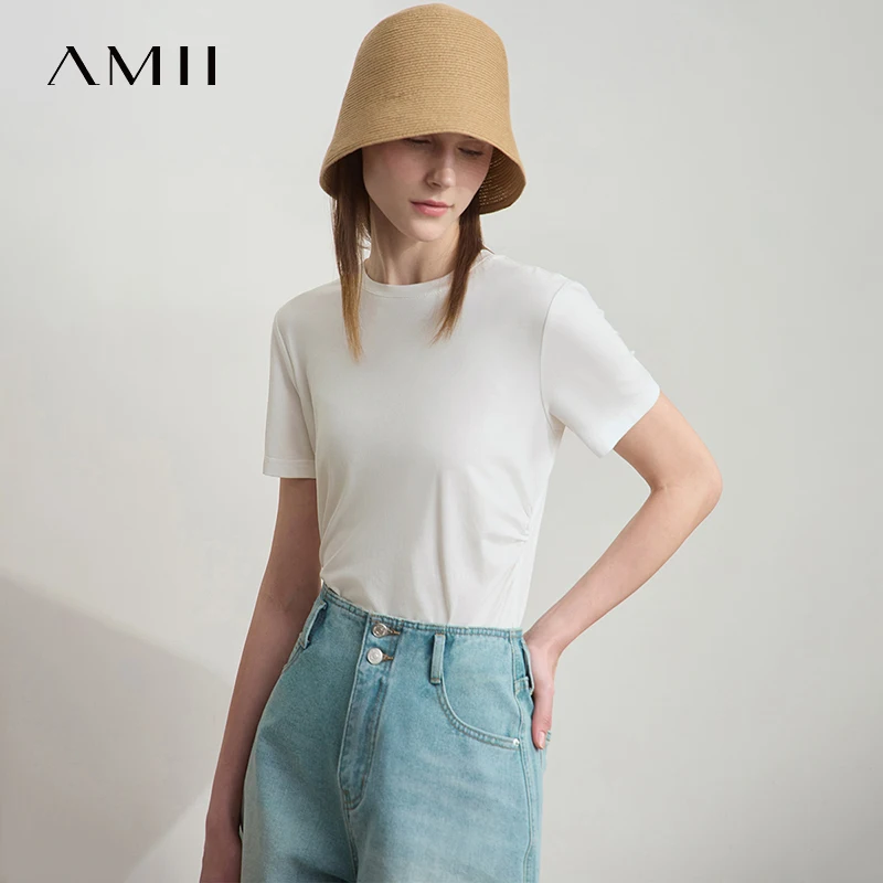 Amii Minimalist T-shirt Women's Tops O-Neck Broken Pleats Slightly Cinched Waist Cotton Knit Tees Antibacterial T-shirt 12522045