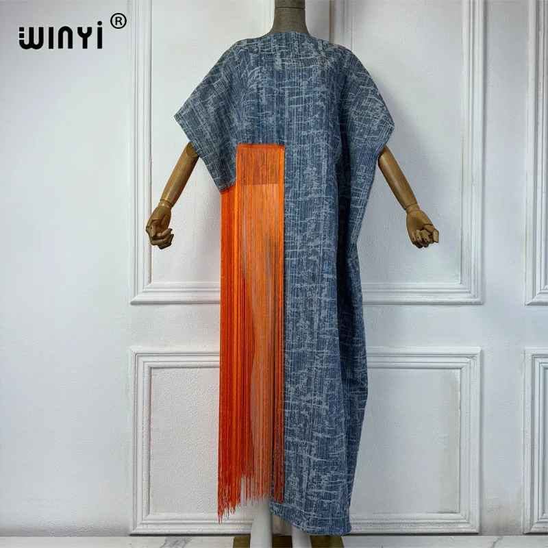 

WINYI summer beach cover-ups boho Africa top sexy Holiday long tassels maxi party dress for women Denim fashion dress