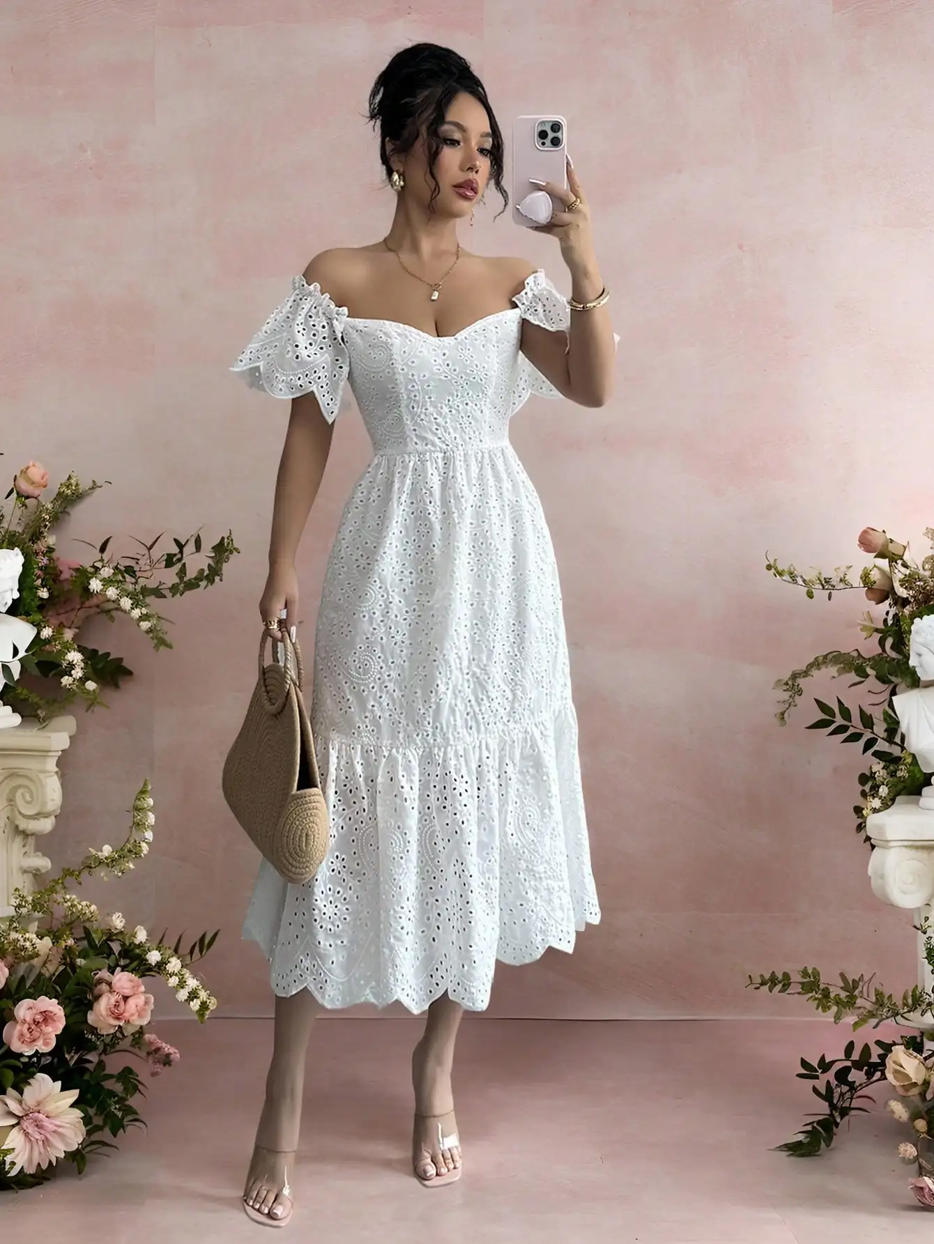 

White Eyelet Off-Shoulder Midi Dress with Ruffled Sleeves, Spring Summer Casual