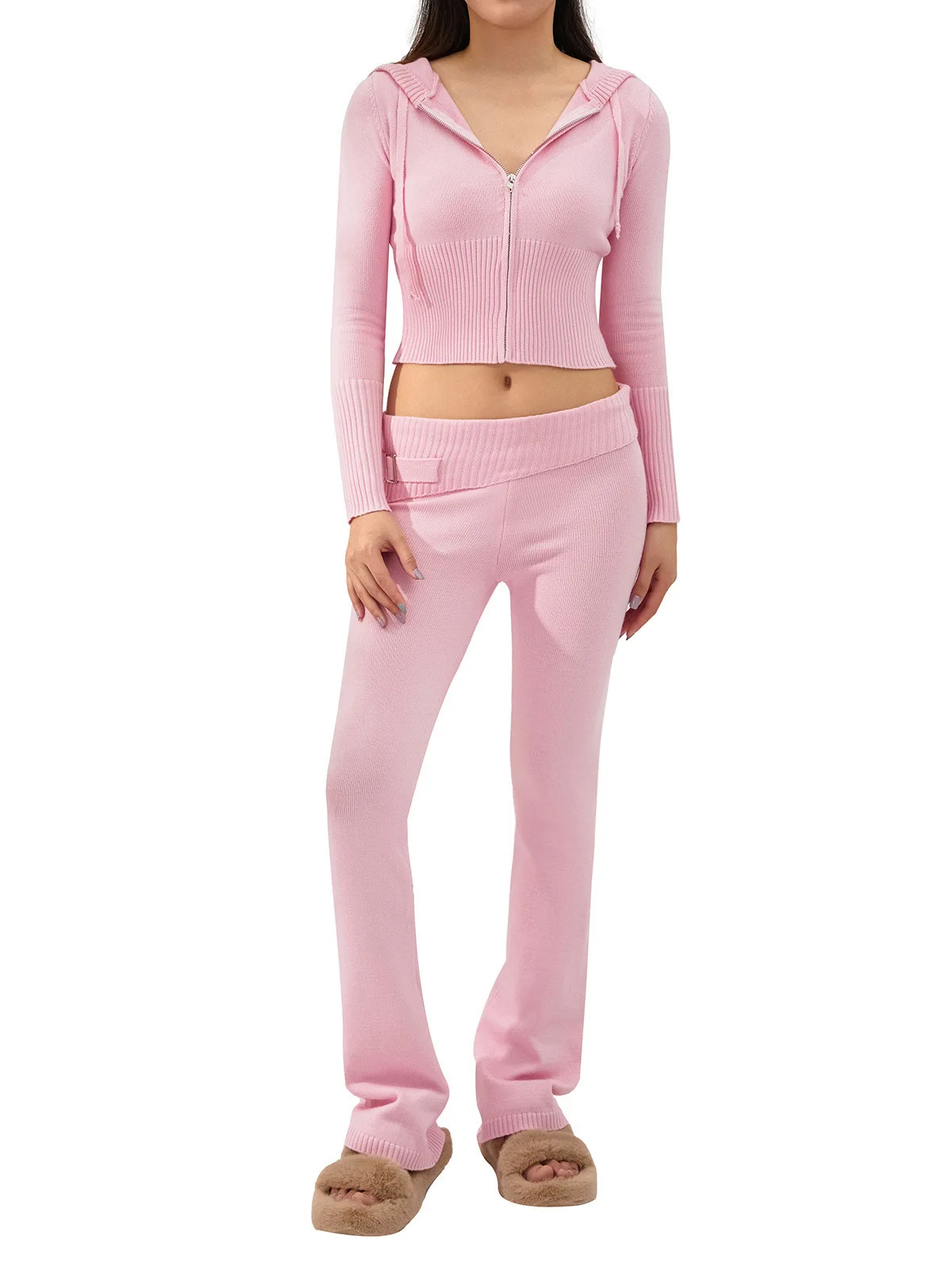 

Faionable Sexy High Waist Long Sve Knitted Hat Set Women's Two Piece Suit Autumn Season Long Pants Trendy Ensemble