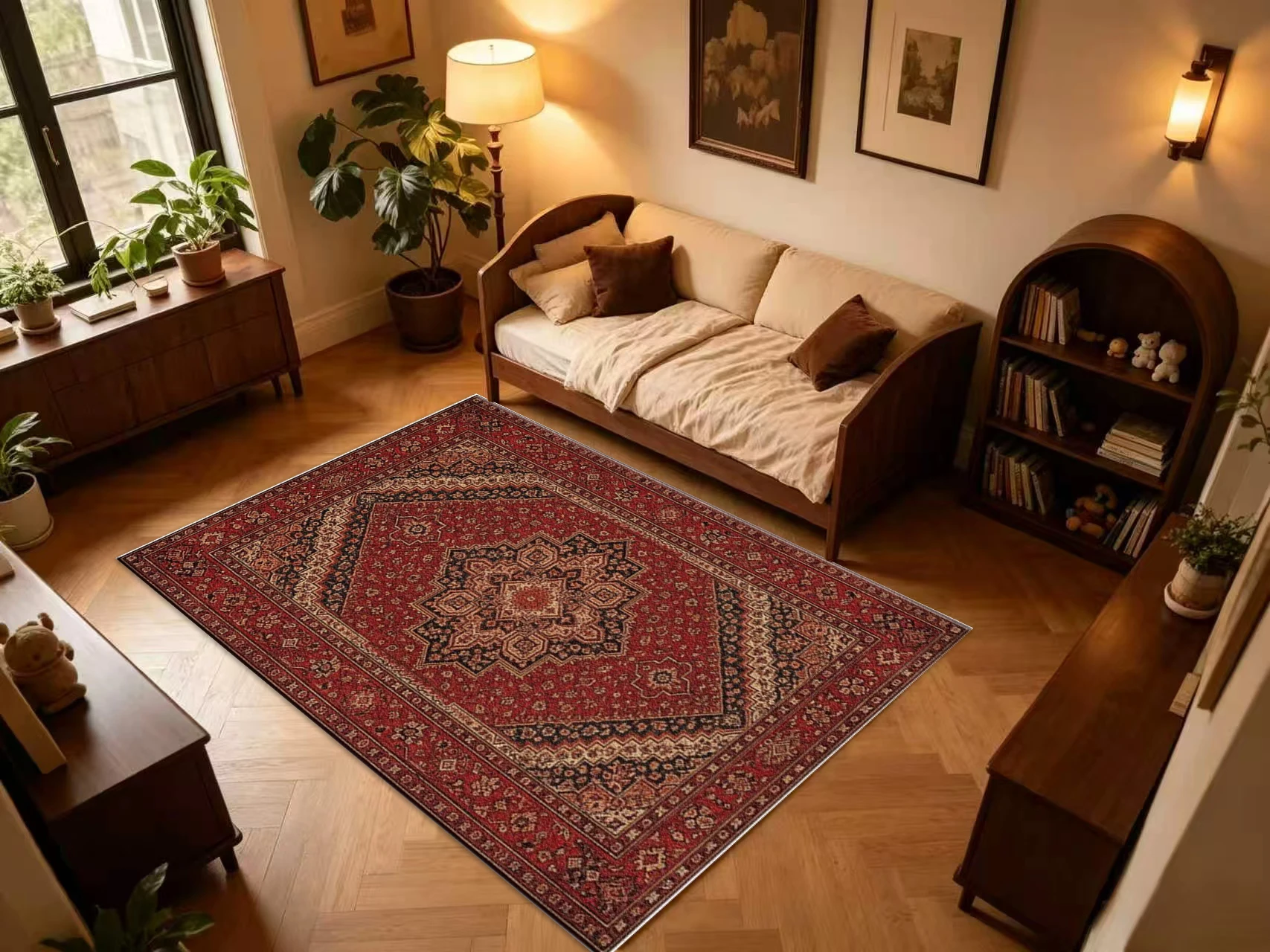 Deep Red Classic Oriental Square Area Rug Traditional Medallion Border Printed Floor Carpet for Living Room Bedroom Home Decor