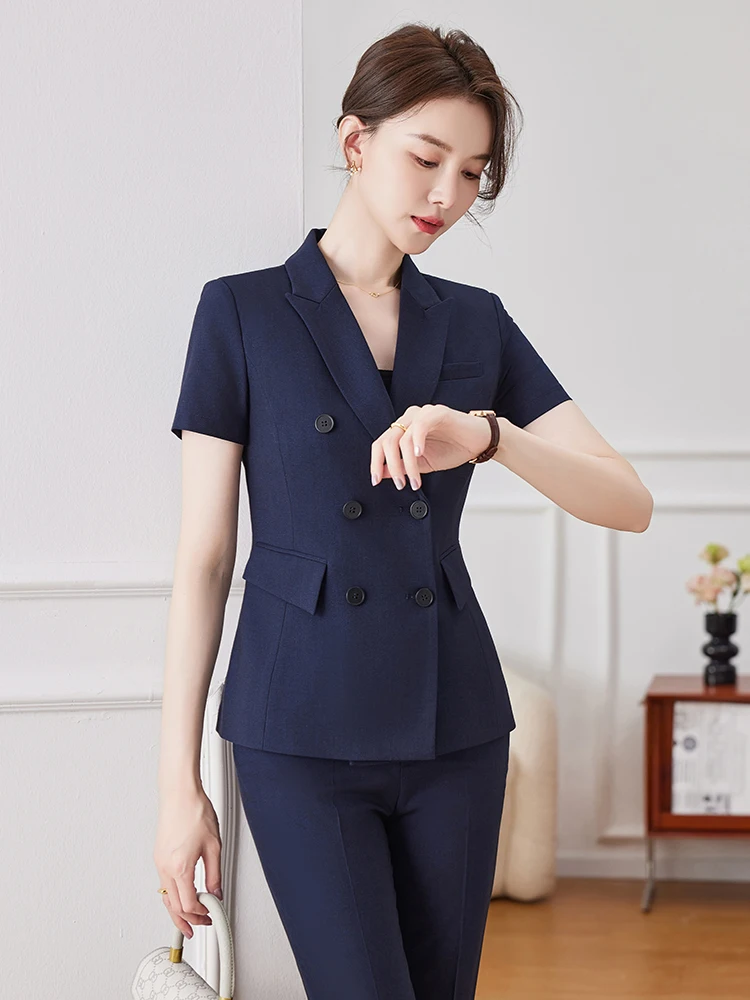 Blue Short Sleeve Suit Set Women's Summer New Style Double Button Formal Hotel Manager Interview Front Desk Work Uniform