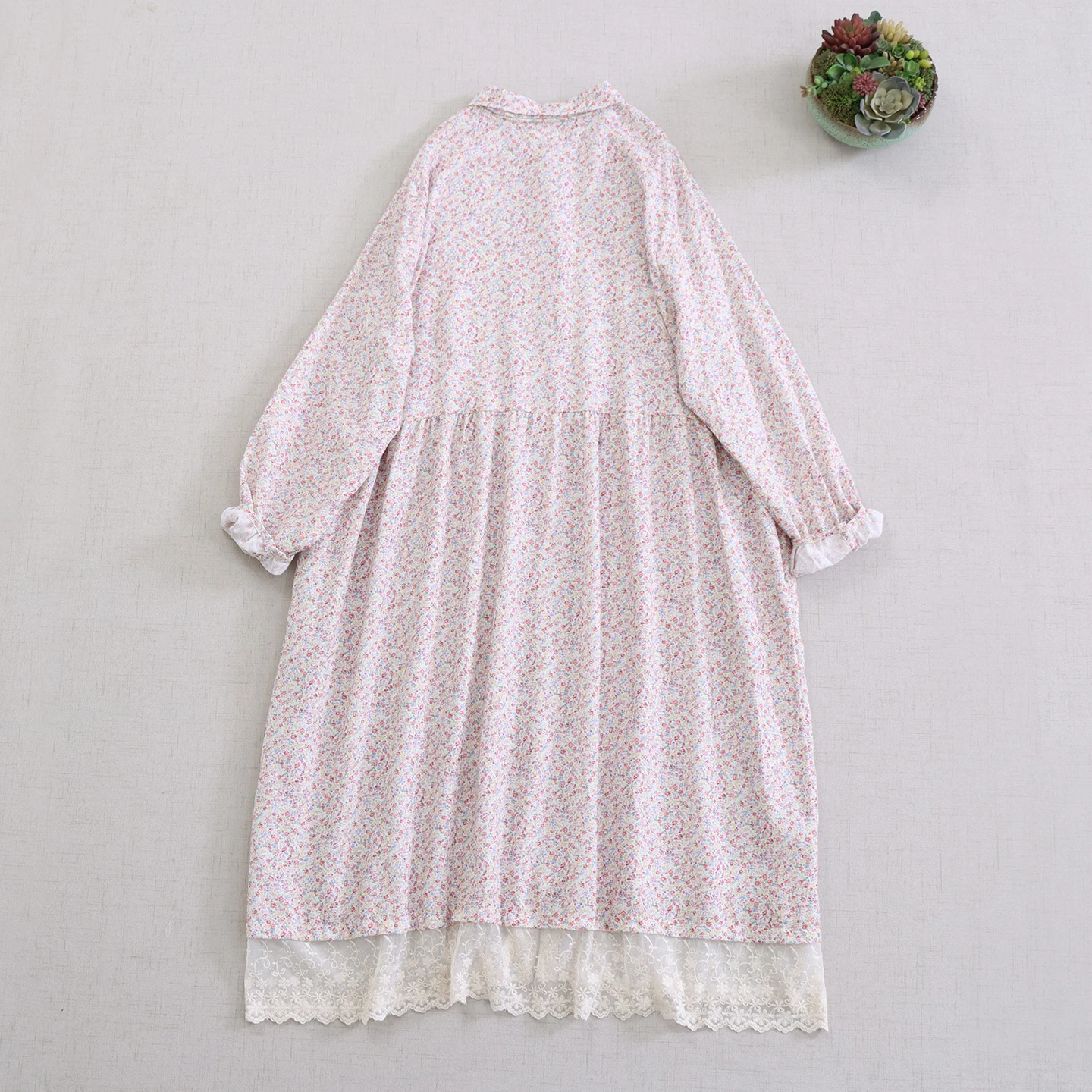 اليابانية الحلو موري فتاة الأزهار المطبوعة الدانتيل المرقعة واحدة الصدر قميص فستان المرأة رفض طوق كم طويل فستان ميدي #3