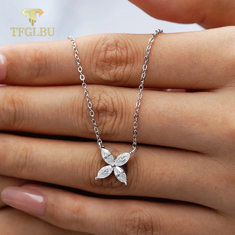 

TFGLBU Marquise Cut All Moissanite Necklace for Women Elegant Clover 925 Sterling Silver Pendant Wedding Gift Charm Jewelry GRA