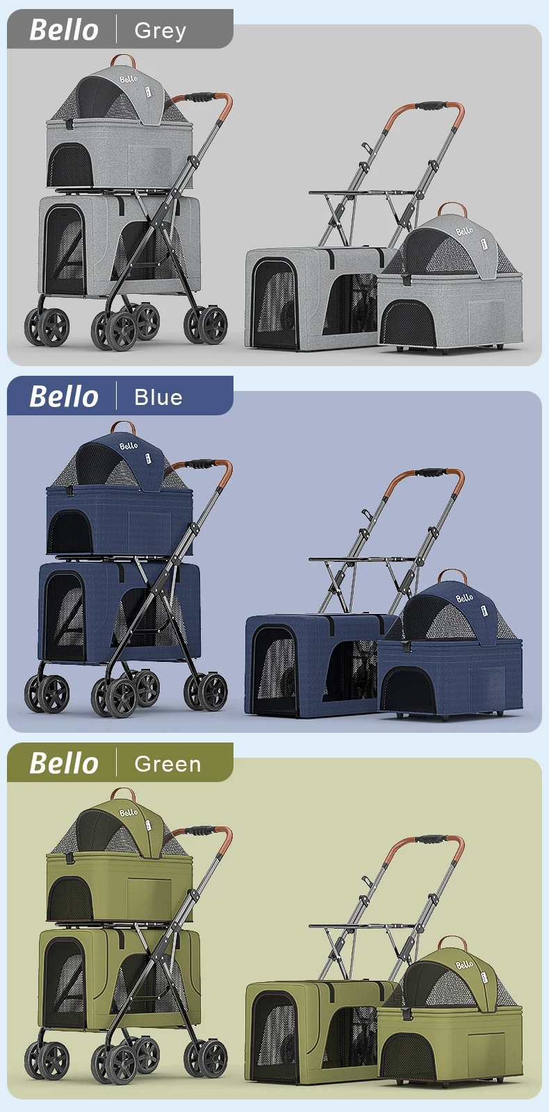 Portable Double Pet Carriers Foldable 4-Wheel Aluminum Strollers with Fabric Oxford Material for Small Dogs Cats Outdoor Travel