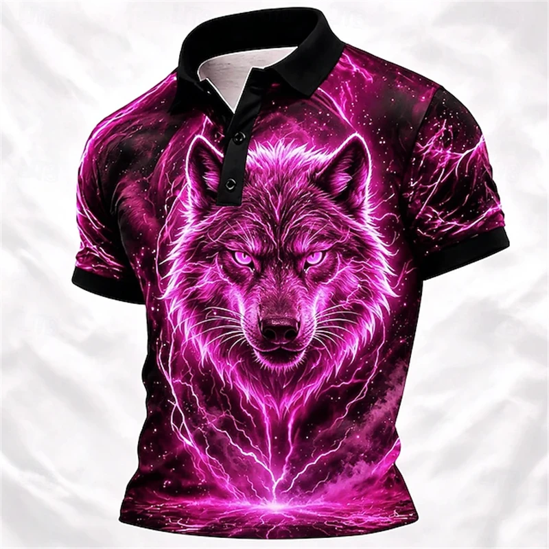 Men's New Stylish Lapel Polo Shirt Short-Sleeve Tee with Fierce Lion Print Loose Plus-Size Fit Outdoor Street-Style Polo Top