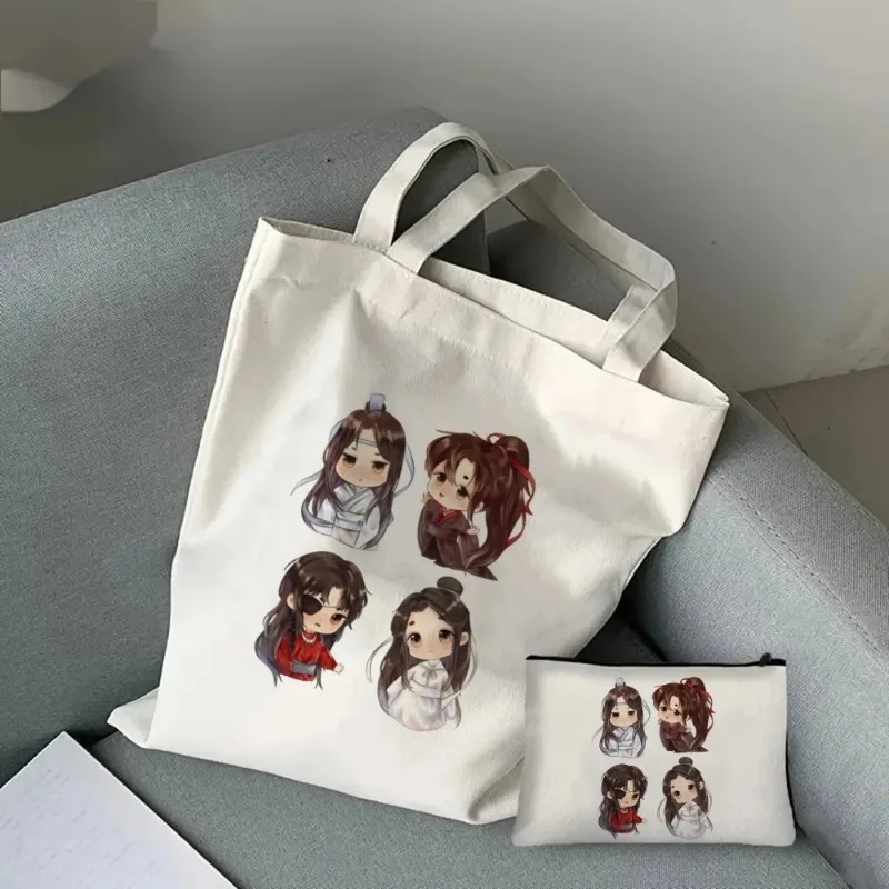 2PCS Cute Anime Printing Ladies Tote Cosmetic Bag Fashion Canvas Shoulder Bag Eco Large Capacity Shopping Bag School Bag