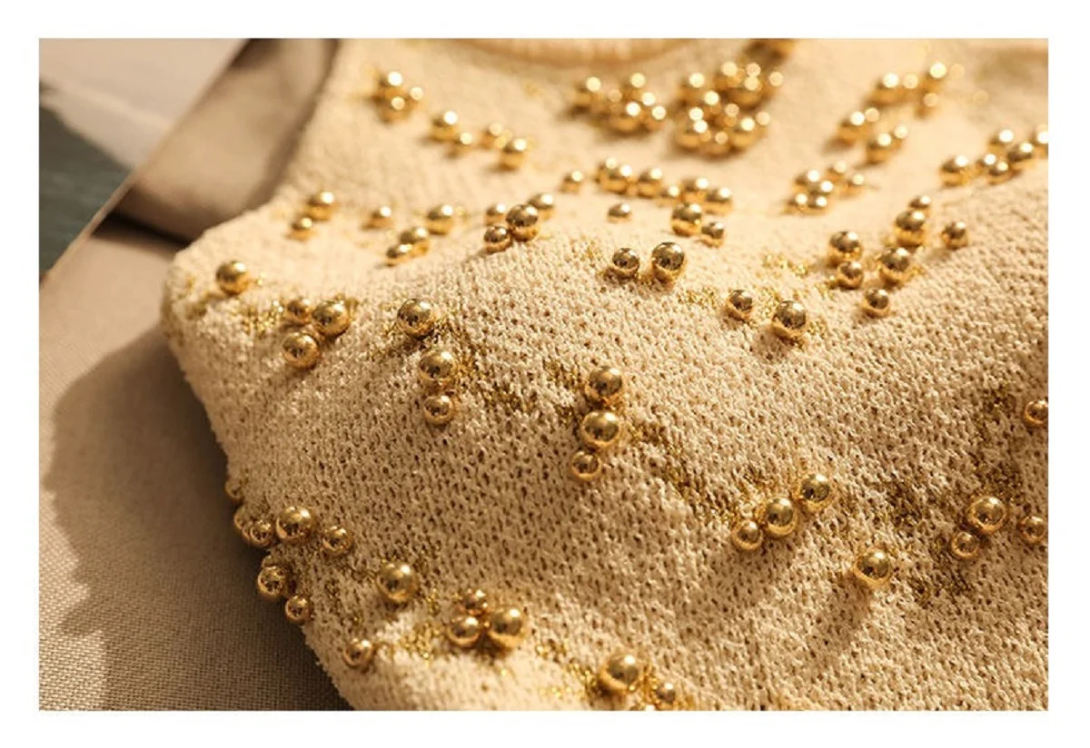 Women Knit Tank Top Beaded Pearl Gold Jacquard Summer Tee Off Shoulder Chic Korean Fashion Style Short Camisole