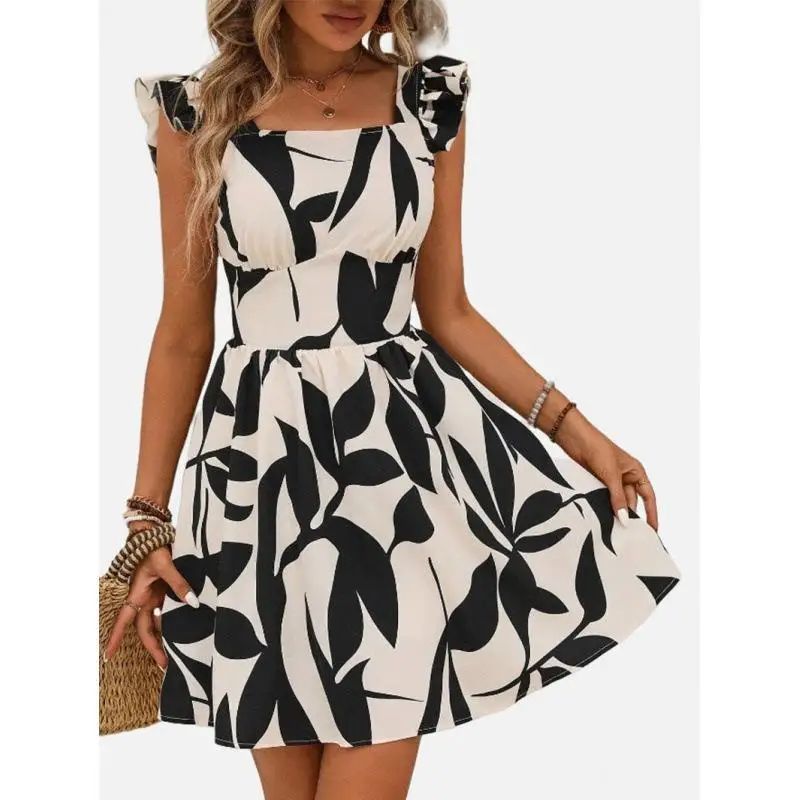 Vcay – jupe trapèze décontractée pour femmes, avec ceinture, imprimé complet, bretelles à volants, t-shirt en Fiber d'acétate, mode printemps été