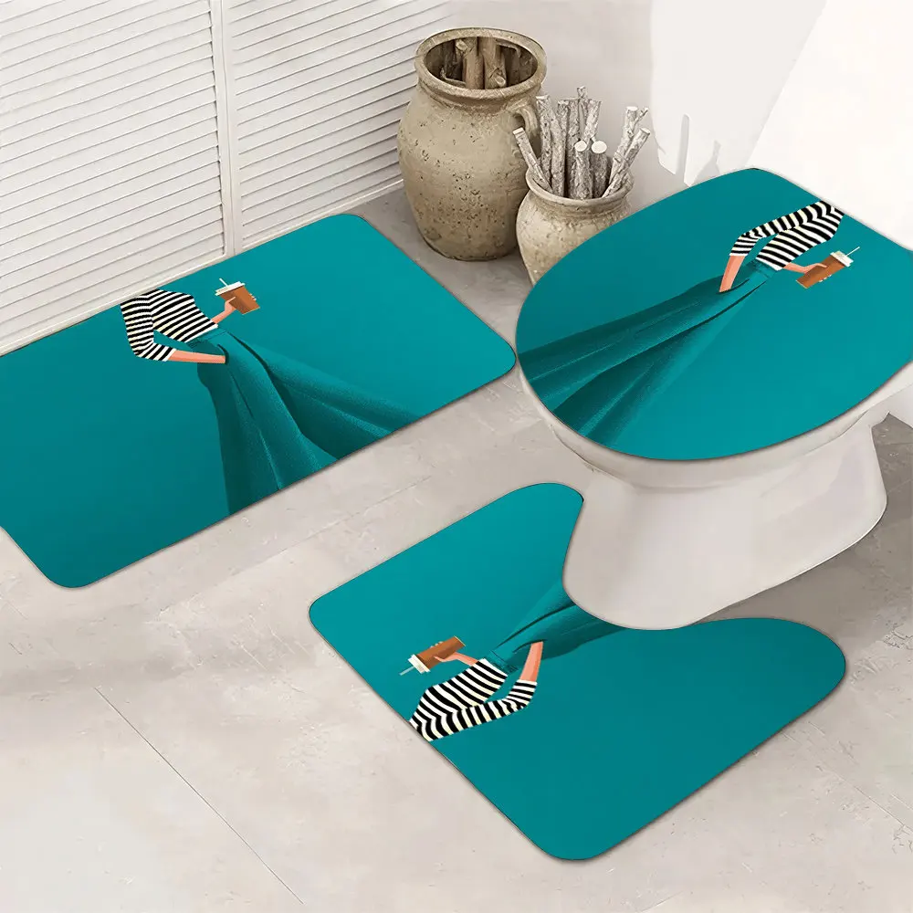 

Luxury Bathroom Mat Set Modern Teal Bath Rug Toilet Mat Decor Home Accessories Non Slip Tropical Stripe Design