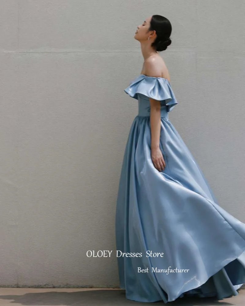 OLOEY Elegant Sky Blue Taffeta Evening Dresses Korea Wedding Photoshoot Sleeves Off Shoulder Shiny Formal Party Occason Dress